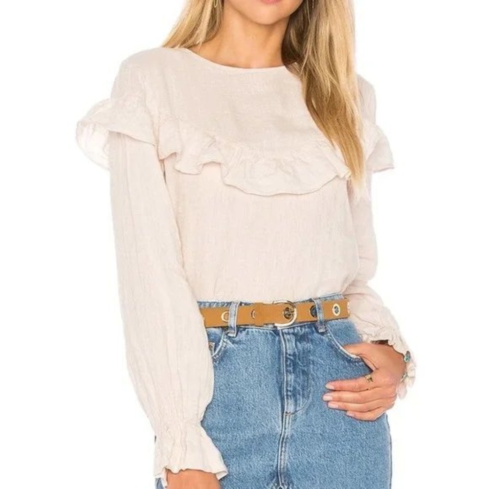 Anine Bing Pale Pink Beige 100%‎ Linen Ruffle Long Sleeve Blouse Top Size Small